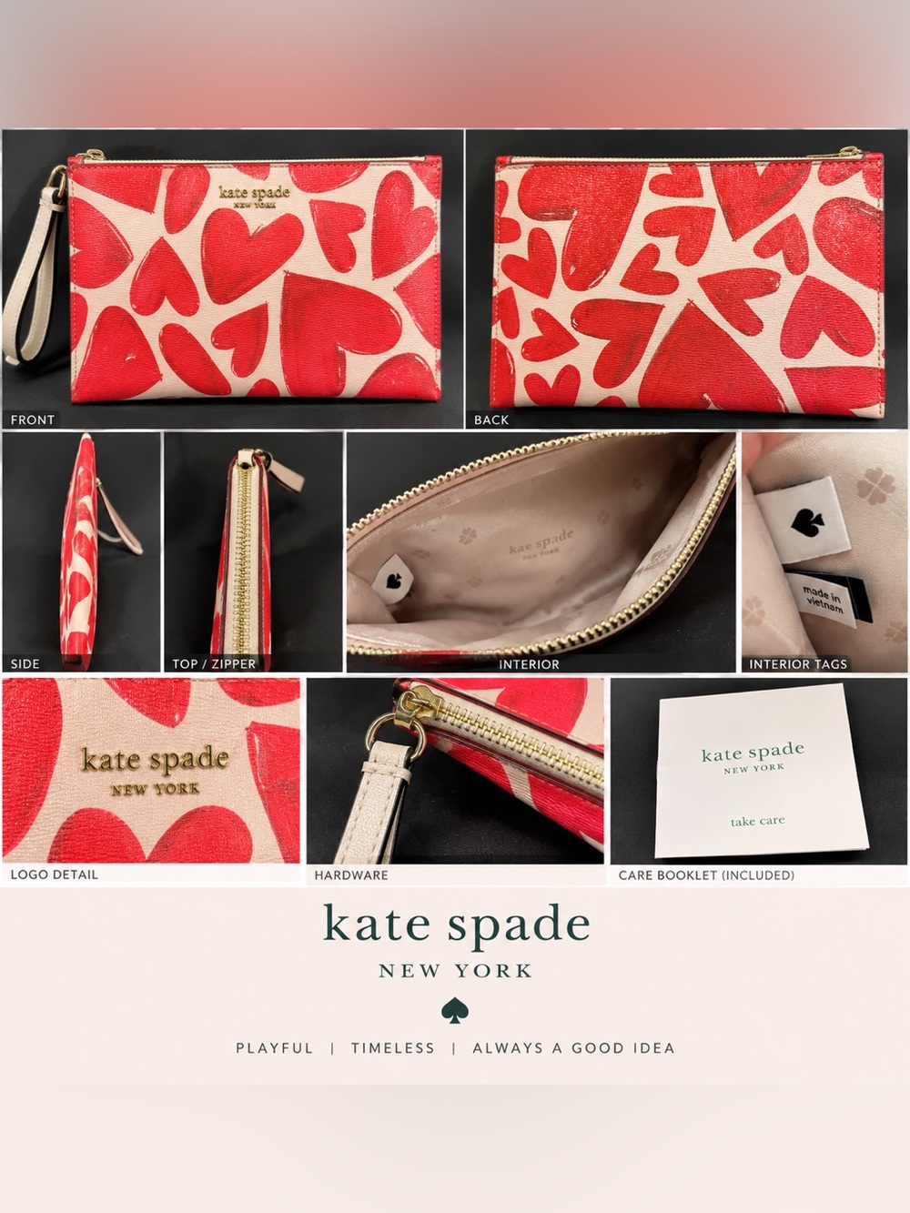 Kate Spade Ever Fallen Spencer Hearts Wristlet Tutu Pink Red Heart Zip Pouch